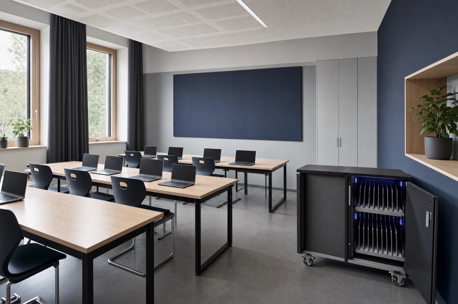 Moderner IT-Raum einer Schule mit Laptops und Ladewagen