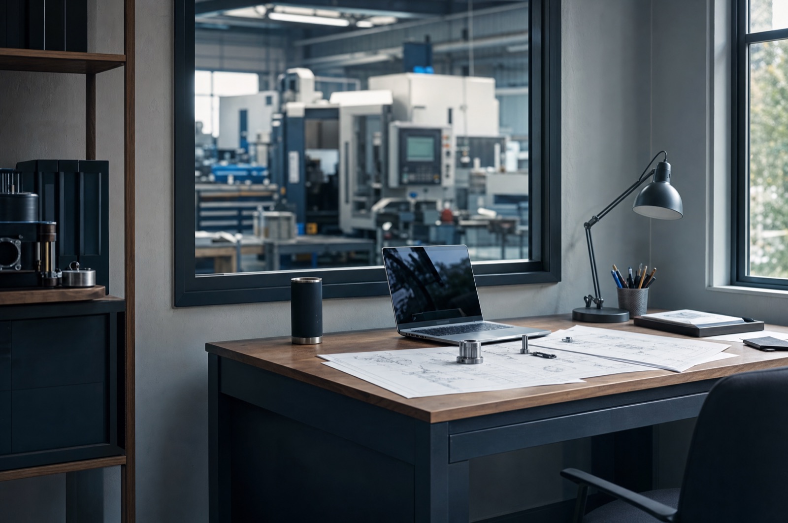 Büro eines Industriebetriebs mit Werkstatt im Hintergrund